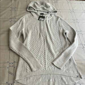 Eddie Bauer women’s NWT sweater ripped cable hoodie, gray/ ivory size Large